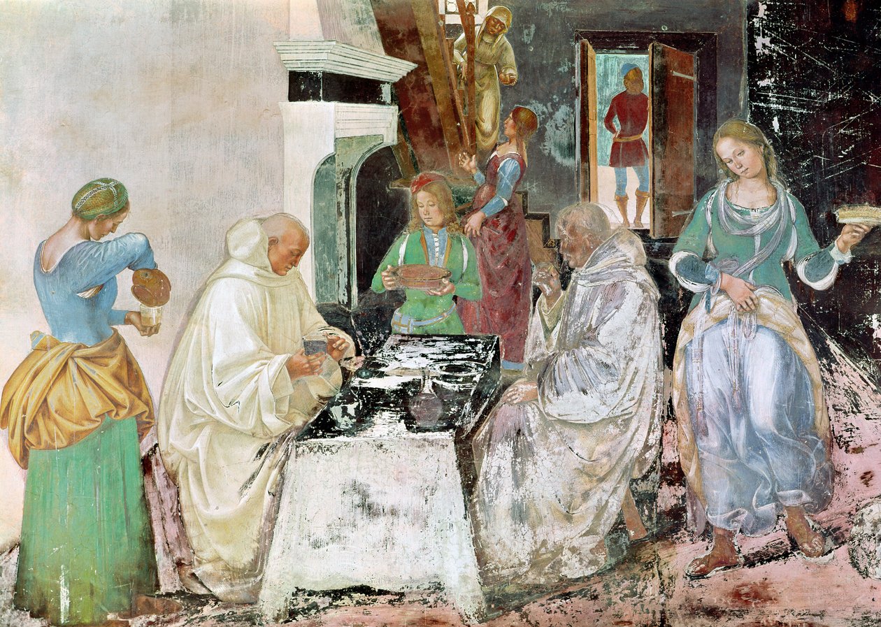 San Benedetto che riceve ospitalità, dalla Vita di San Benedetto, 1497-98 da L. and Sodoma, G. Signorelli