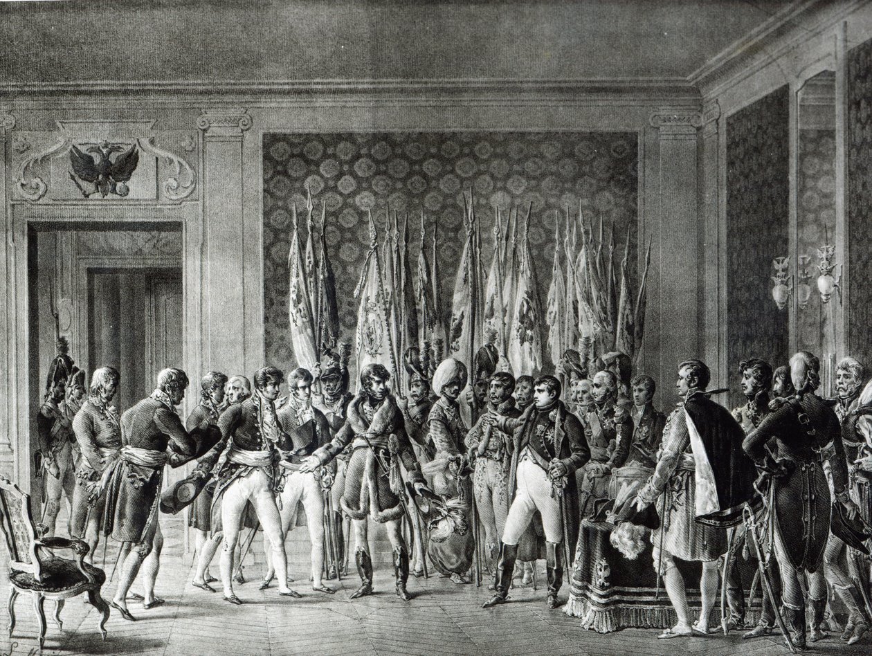 Napoleone consegna le bandiere vinte ad Austerlitz nel 1805 ai sindaci di Parigi in visita a Schönbrunn da L. Marin