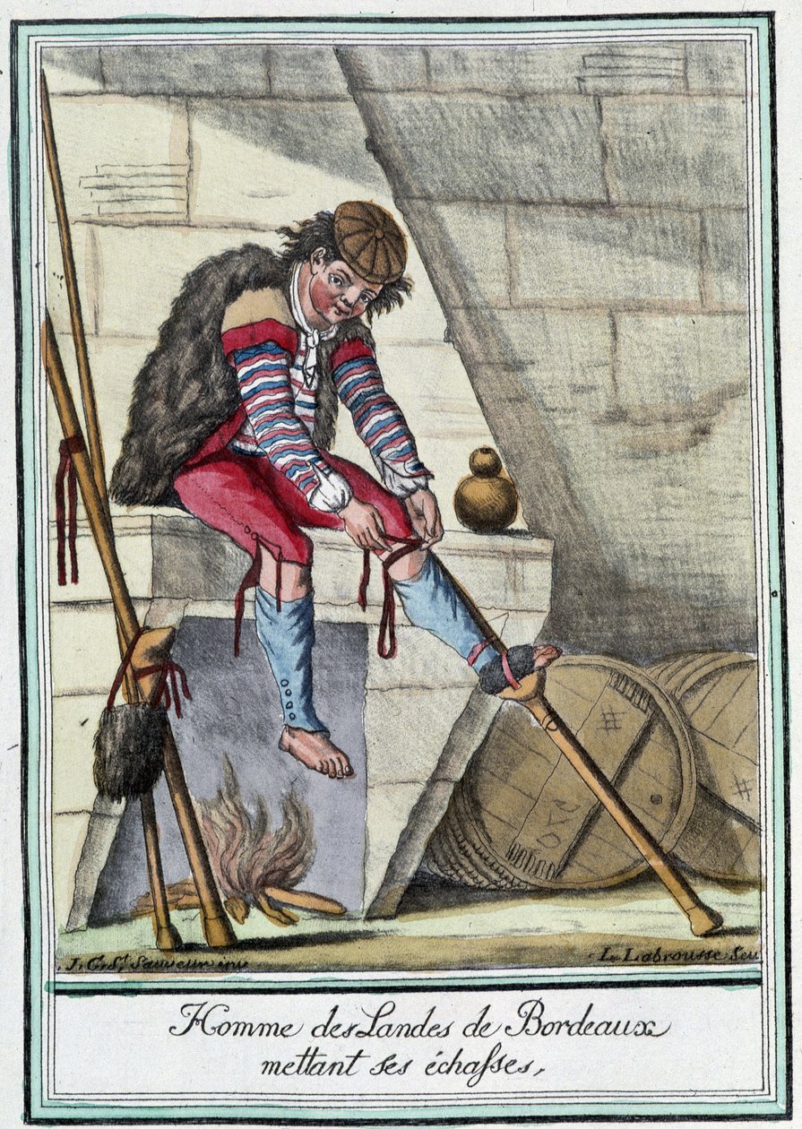 Uomo delle Landes di Bordeaux che mette i suoi trampoli - in "Enciclopedia dei viaggi" di J. Grasset St Sauveur, Deron, Parigi da L.F. Labrousse