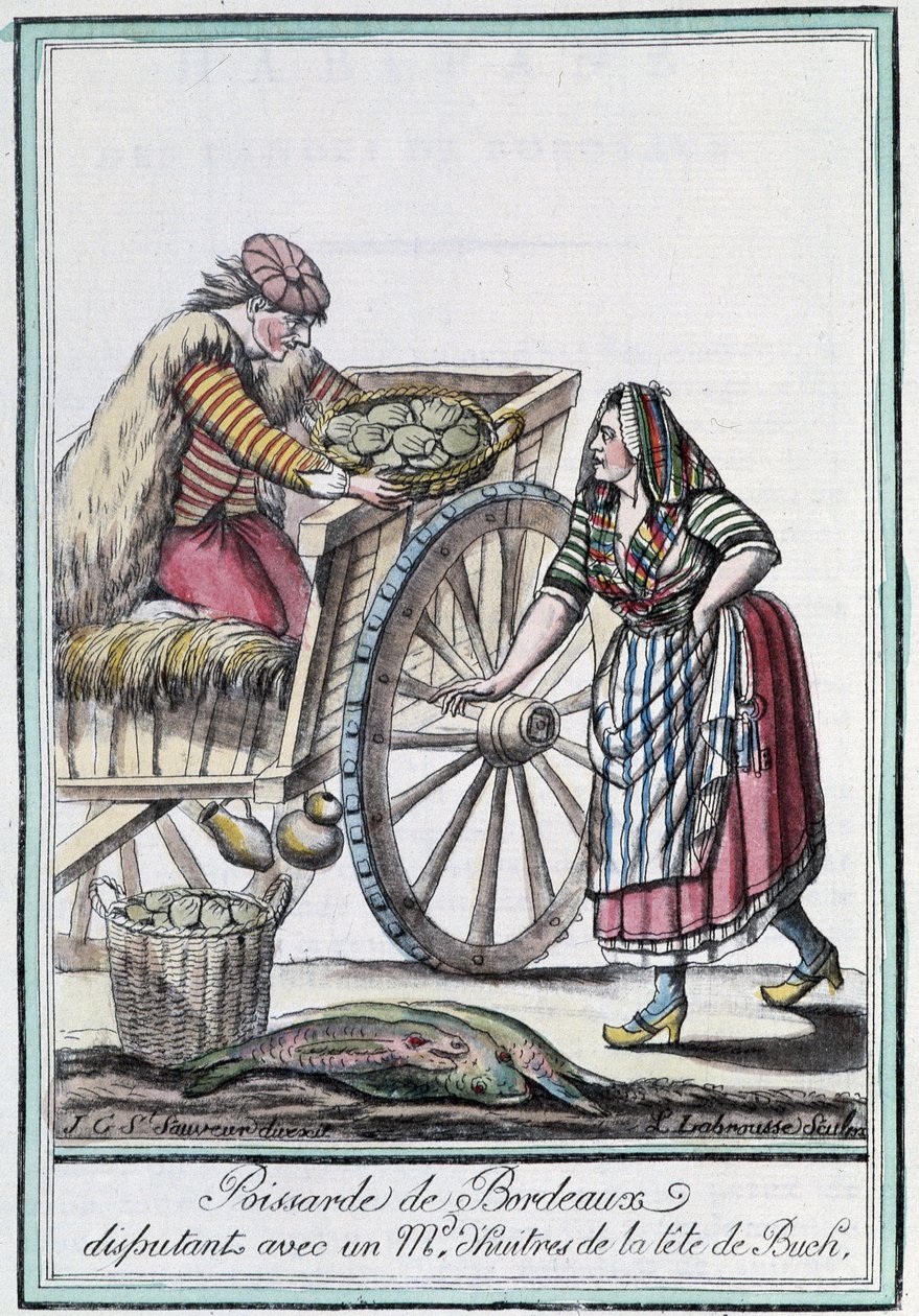 Poissarde di Bordeaux che litiga con un mercante di ostriche della testa di Buch - in "Enciclopedia dei viaggi" di J. Grasset St Sauveur, Deron, Parigi da L.F. Labrousse
