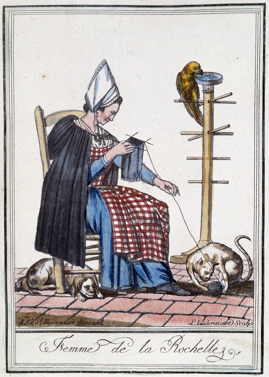 Donna di La Rochelle che lavora a maglia con un cane, un pappagallo e un gatto che giocano con il gomitolo di lana da L.F. Labrousse