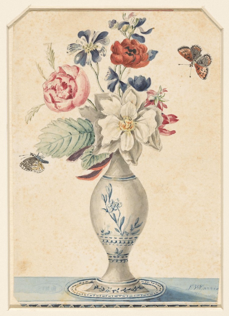Vasetto con fiori e una farfalla grigio-gialla da L.W. Garrison