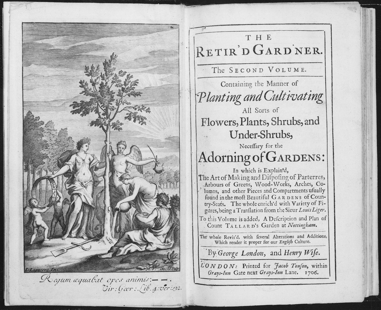 Frontespizio di The Retird Gardener di George London e Henry Wise, inciso da Van der Gucht, 1706 da L. Laguerre