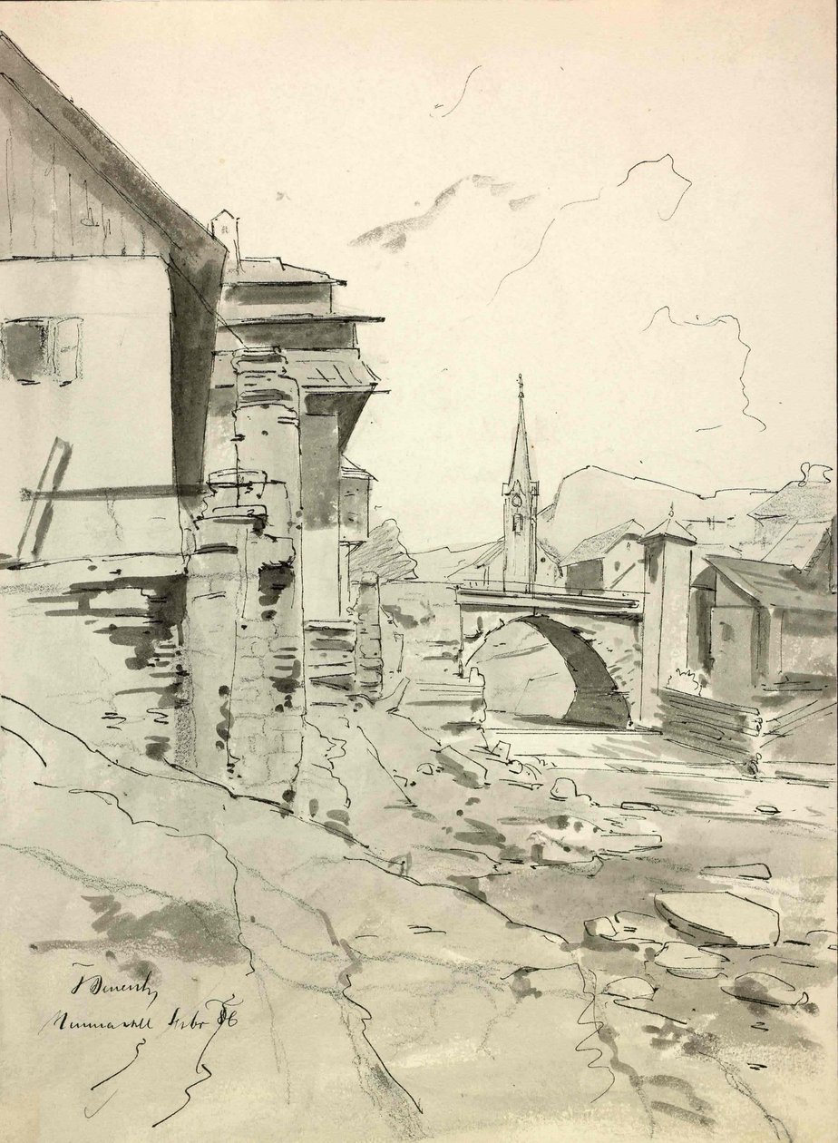 Trzic, motivo con ponte e chiesa sullo sfondo da Ladislav Benesch