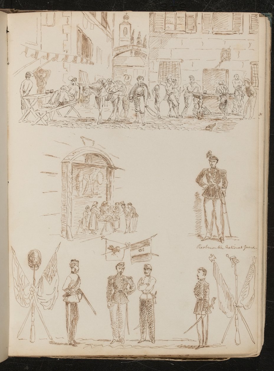 Scena di città con soldati che bevono, studio di una bancarella di mercato, studio di una guardia nazionale piemontese, studio di quattro soldati e bandiere incrociate da Lady Butler