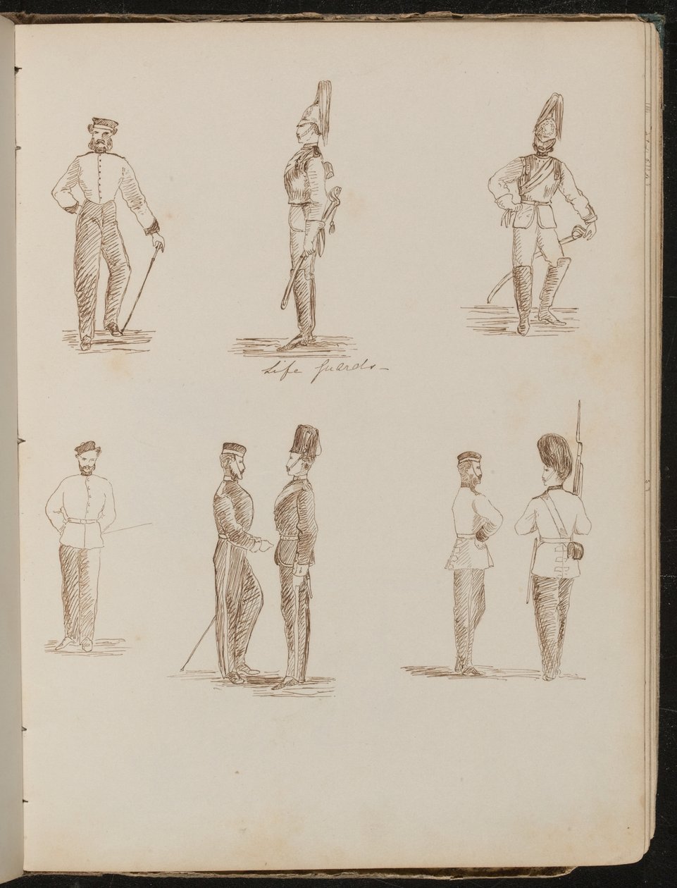 Otto studi di soldati in piedi in uniforme, iscritti "Guardie della Vita" da Lady Butler