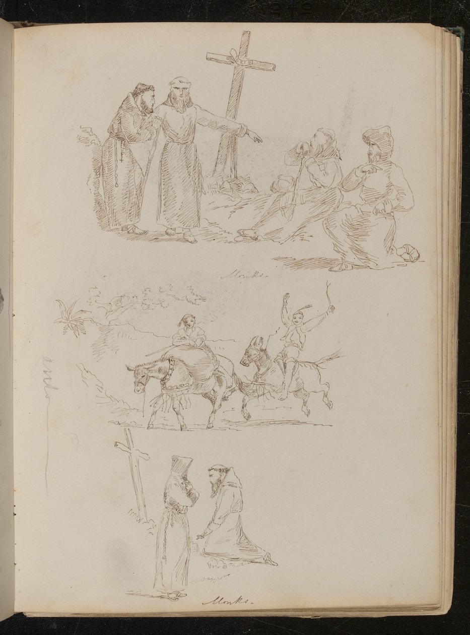Quattro figure accanto a una croce di legno, studio di due giovani con bastoni su asini, studio di due monaci, uno inginocchiato davanti a una croce di legno da Lady Butler