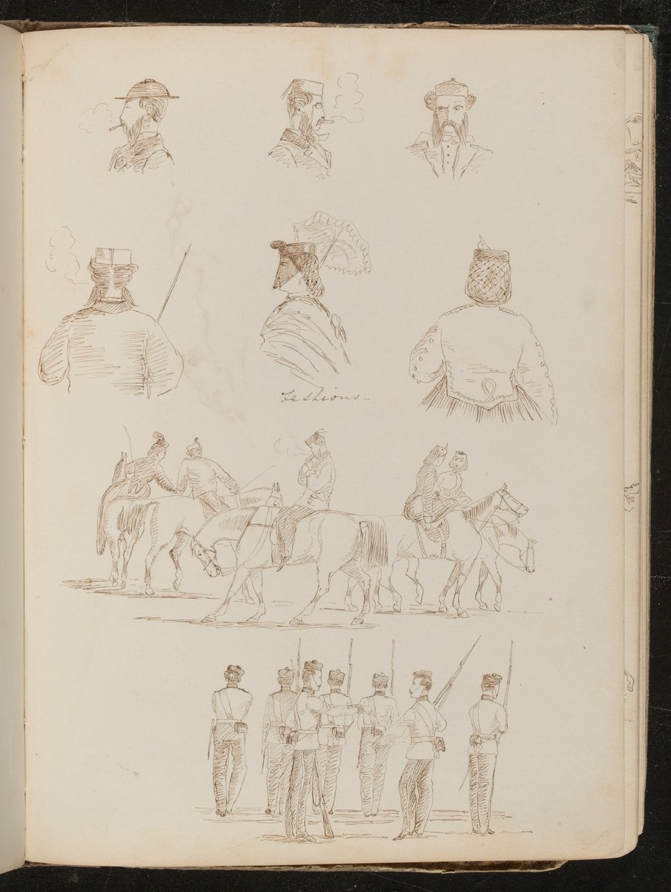 Quattro studi di busti maschili, due di una donna con parasole, studio di gruppo di uomini e donne a cavallo, studio di gruppo di soldati da Lady Butler