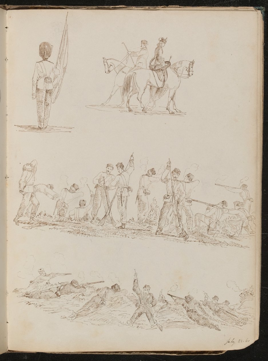 Quattro studi di soldati, donne a cavallo e battaglie da Lady Butler