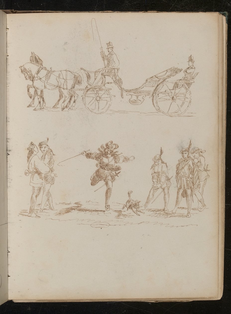 Ufficiale in abito completo con cilindro e spalline che cavalca in carrozza trainata da cavalli, studio di sei soldati mediterranei e un cane da Lady Butler