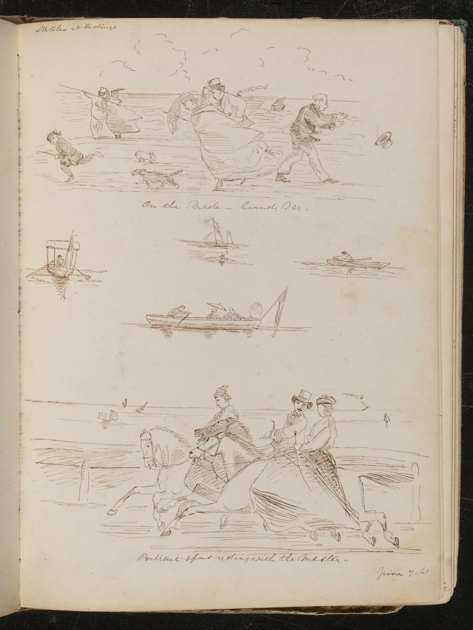 "In parata, un giorno ventoso", barche con escursionisti, cavalieri a cavallo con iscrizione "cavalcando con il maestro" da Lady Butler
