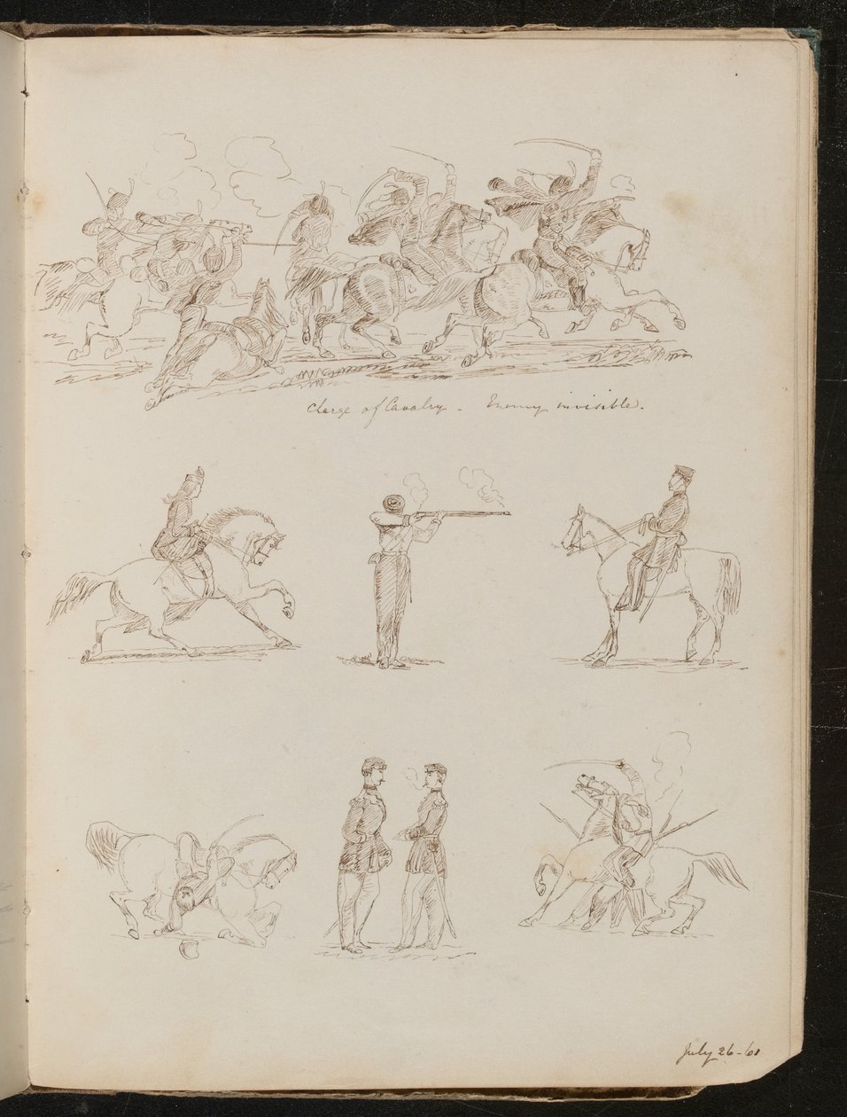 Sette studi di battaglie di cavalleria, soldati e una donna a cavallo da Lady Butler