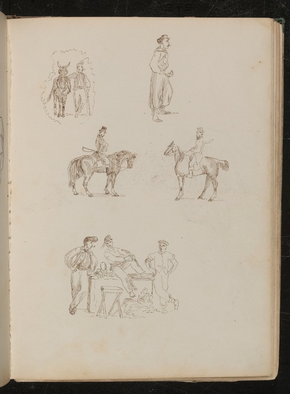 Studi di figure maschili con cavalli, studio di soldato che fuma e con spada, studio di tre venditori di frutta con bancarella da Lady Butler