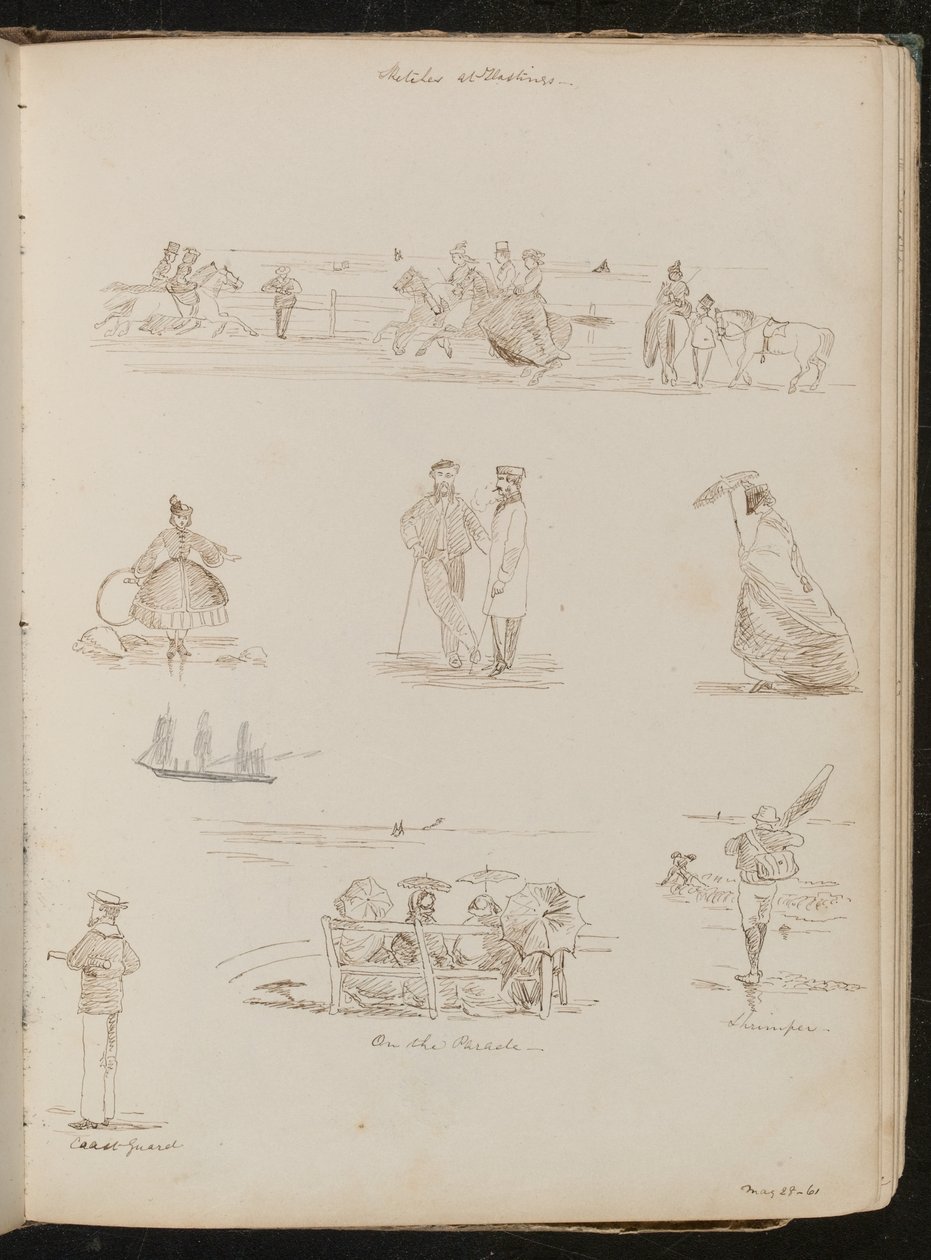 Studi di uomini e donne "Alla parata", un uomo con una rete etichettato "Pescatore di gamberetti", un marinaio etichettato "Guardia costiera", datato "28 maggio-61" da Lady Butler