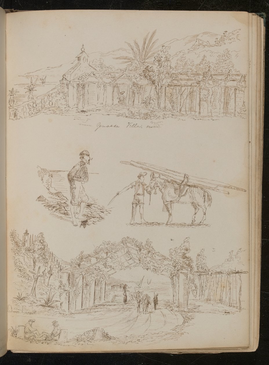 Studio di una "villa genovese", un uomo con una pipa, un cavallo da soma, un arco paesaggistico con figure da Lady Butler