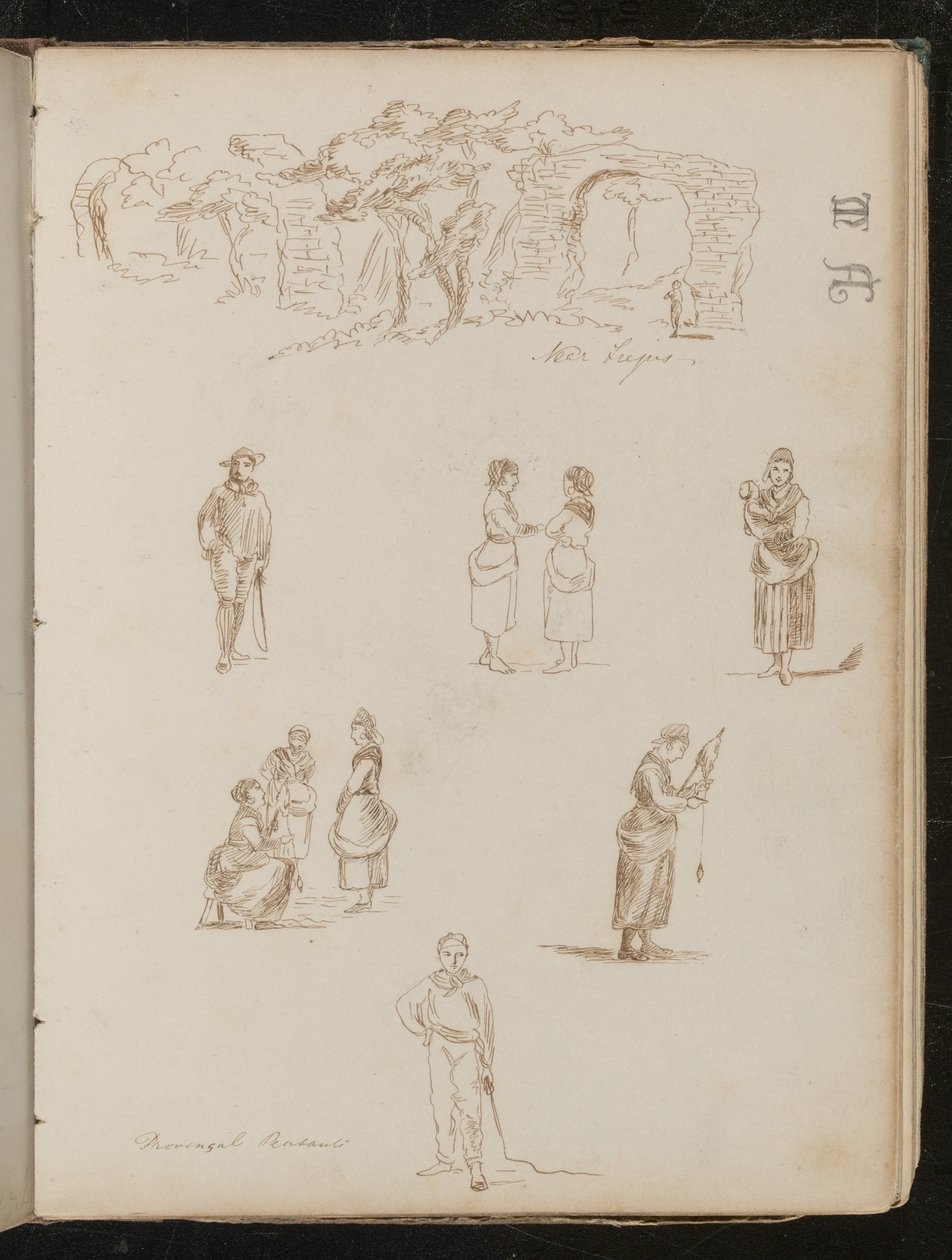 Studio di paesaggio con alberi e archi in rovina iscritti "Vicino a Frejus", sei studi di figure iscritti "Contadini provenzali" da Lady Butler