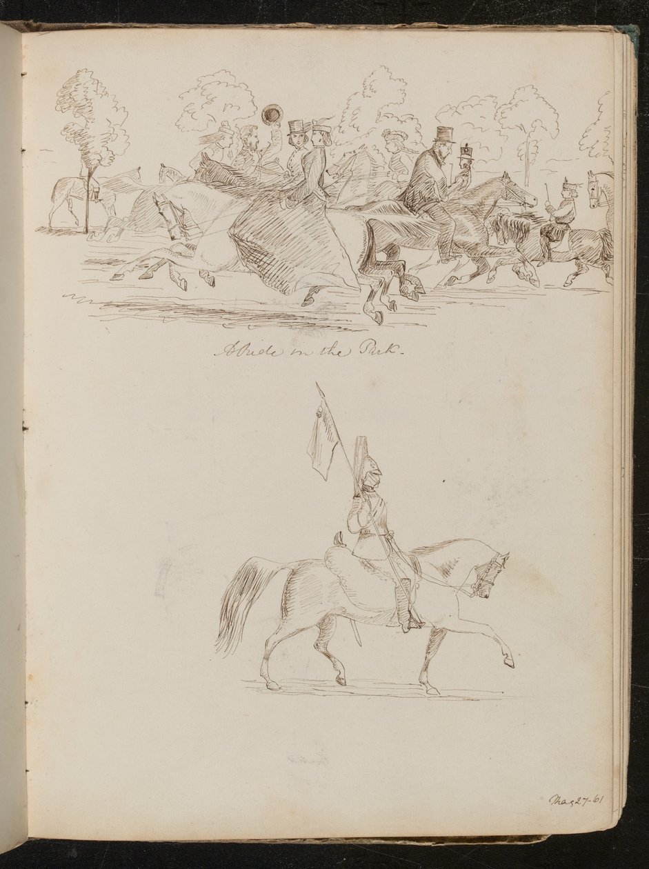 Studio di uomini e donne a cavallo in un parco, forse una caccia, uno studio di un soldato in uniforme completa a cavallo con una bandiera da Lady Butler