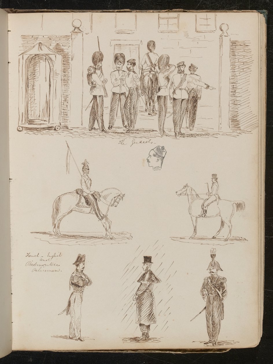 Studio di "le Guardie", due studi di soldati a cavallo, tre studi di poliziotti francesi, inglesi e piemontesi da Lady Butler