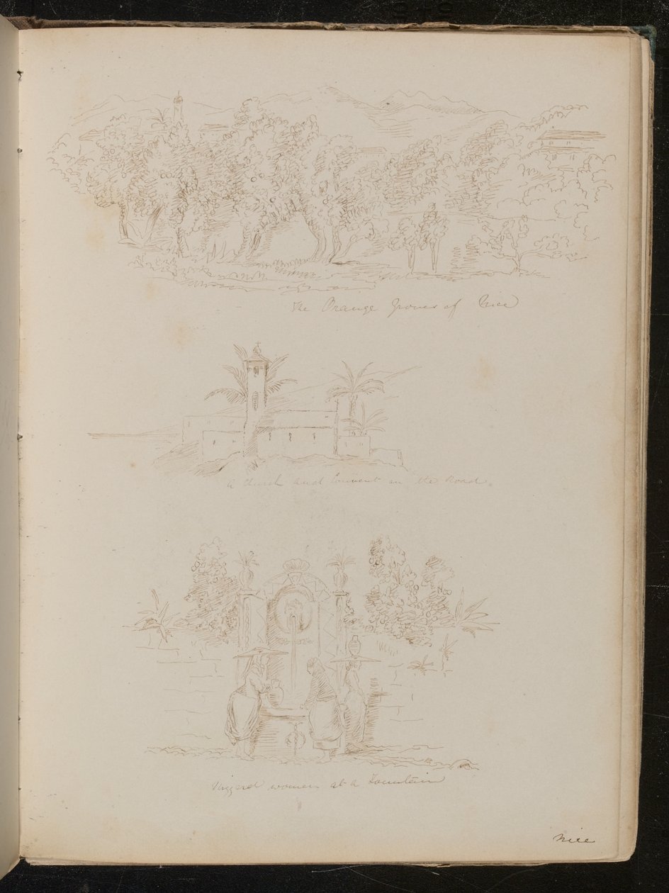 Studio di "i coltivatori di arance di Nizza", uno studio architettonico di "una chiesa e convento sulla strada", uno studio di "donne di Nizza a una fontana" da Lady Butler