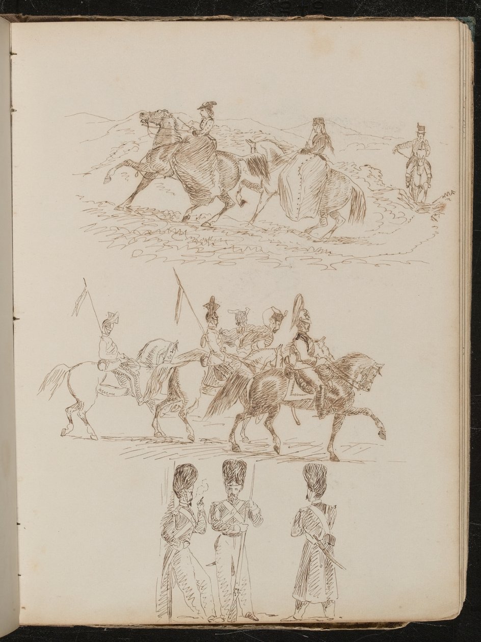 Studio di due donne e un uomo che cavalcano in paesaggio collinare, studio di soldati a cavallo, studio di tre guardie in conversazione da Lady Butler