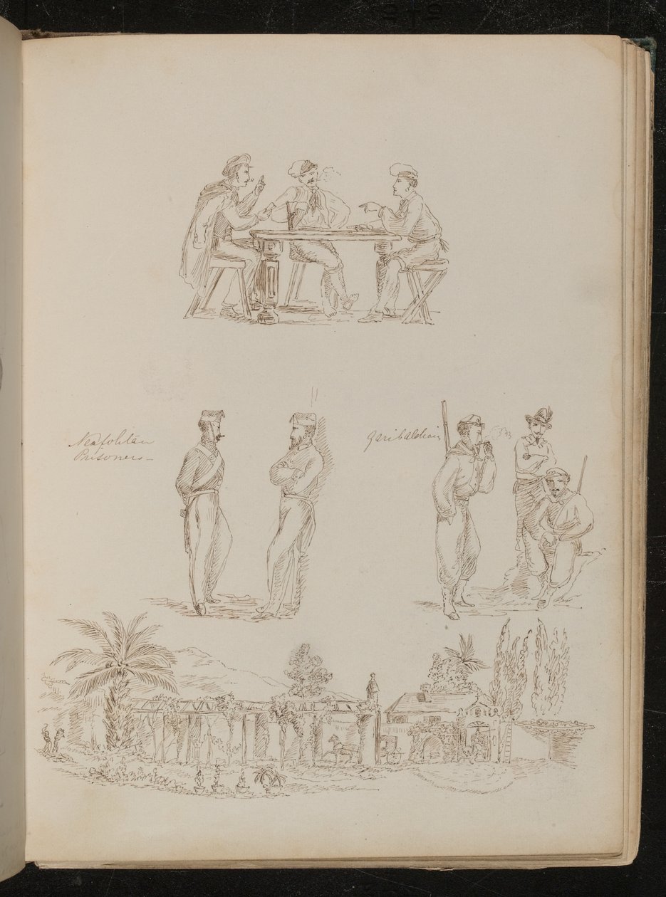 Tre soldati che giocano a carte, due "Prigionieri napoletani" in conversazione, tre "Garibaldini" a riposo e fumando, una villa genovese da Lady Butler
