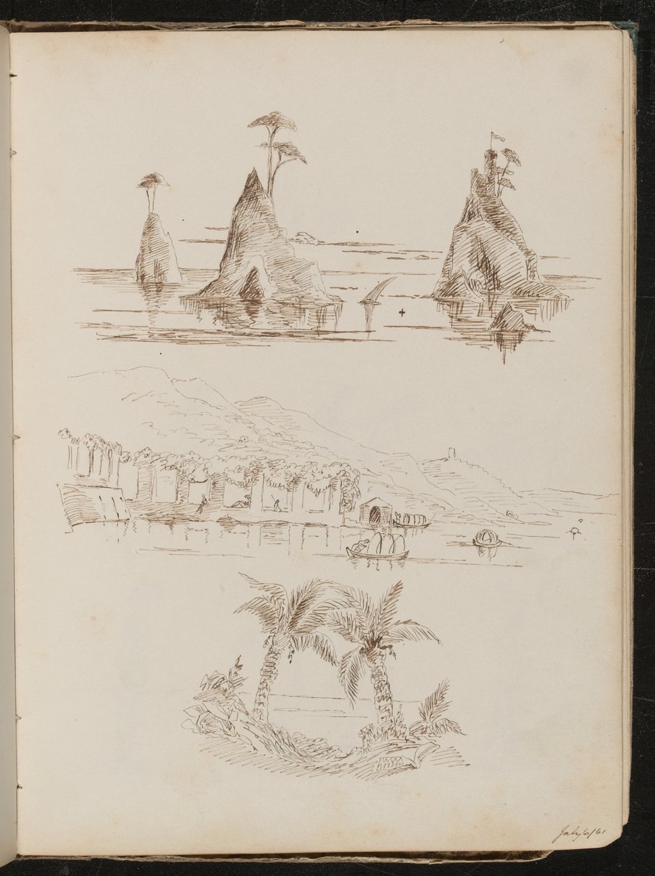 Tre studi di isole rocciose, un paesaggio acquatico con persone e barche, e palme da Lady Butler