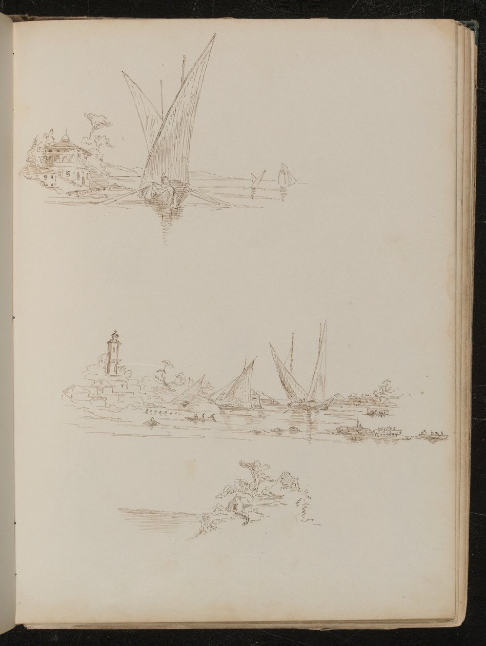 Tre studi di navi, barche e paesaggio costiero da Lady Butler