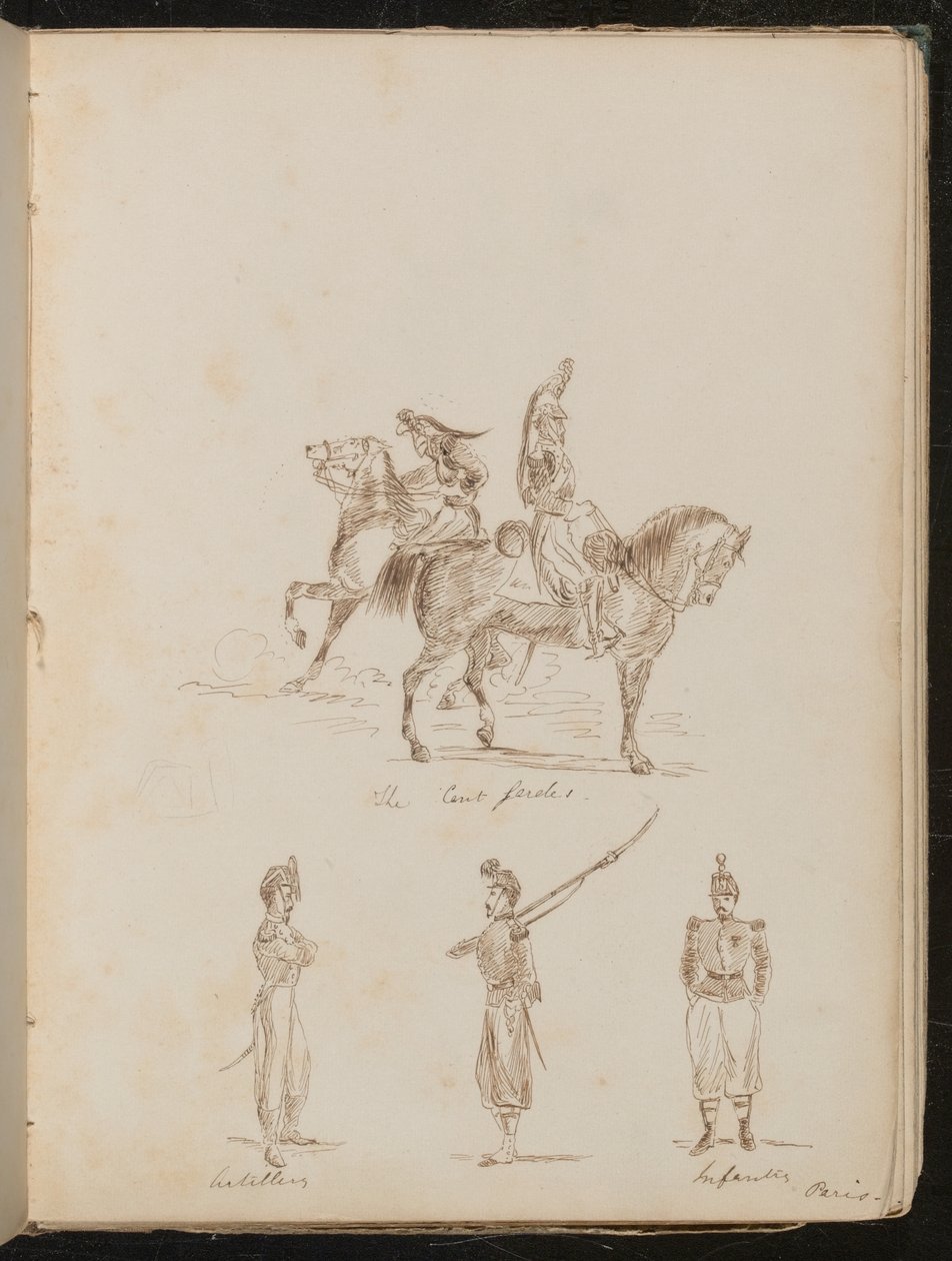 Due soldati a cavallo iscritti "Le Cert gardes", studi di soldati di artiglieria e fanteria da Lady Butler