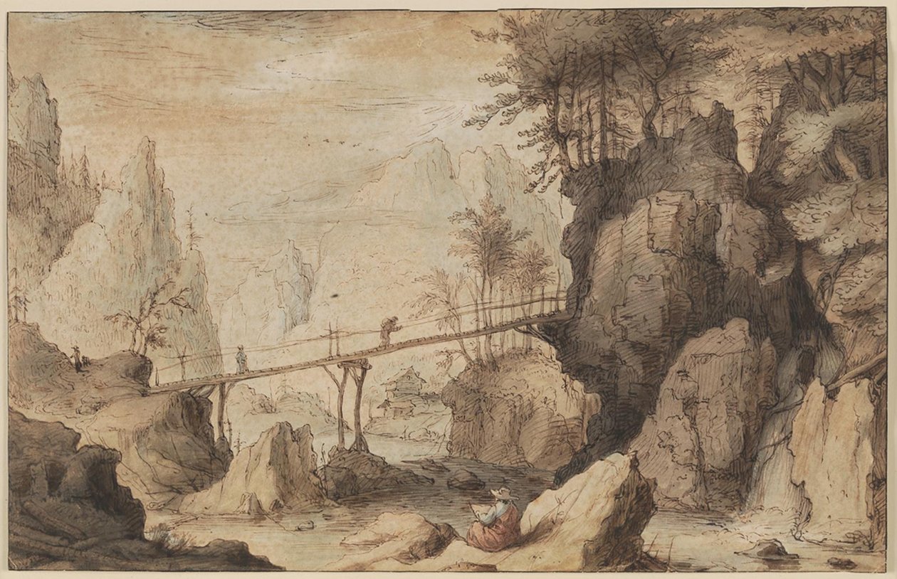 Disegnatore su una pietra davanti a un ponte da Lambert Doomer