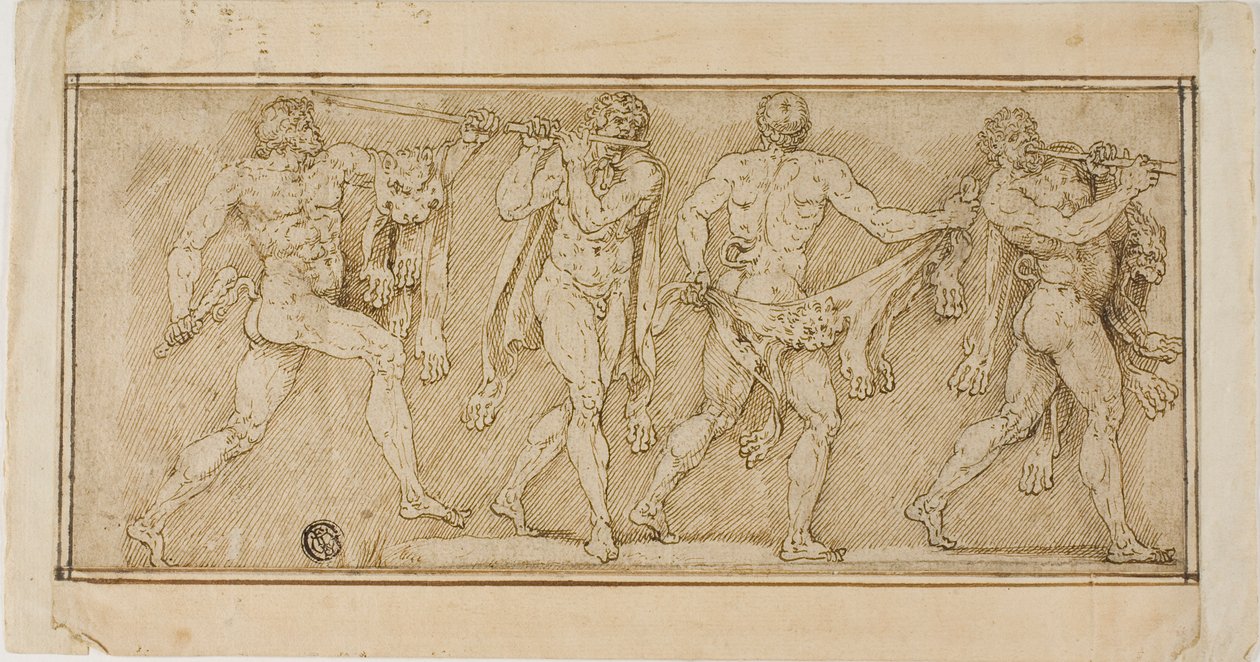 Fregio di satiri che indossano pelli di leone e suonano flauti da Lambert Lombard