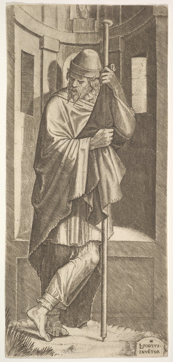 San Giacomo Maggiore appoggiato a un palo davanti a una nicchia, con la gamba sinistra incrociata sulla destra, 1545 da Lambert Suavius
