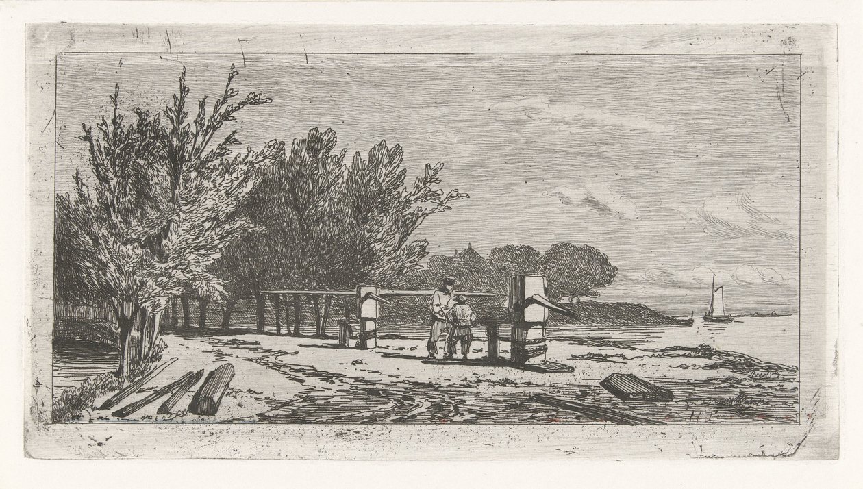 Uomo e ragazzo lungo la riva di un fiume da Lambertus  Hardenberg