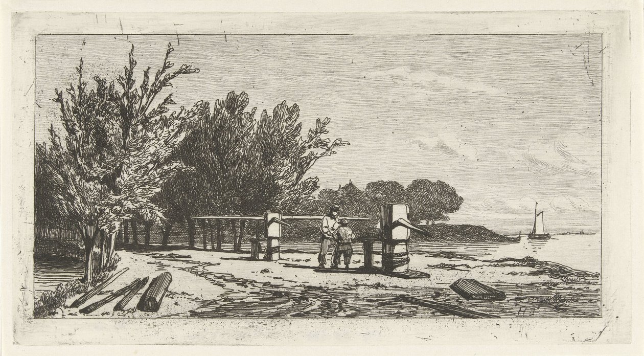 Uomo e ragazzo lungo la riva di un fiume da Lambertus  Hardenberg