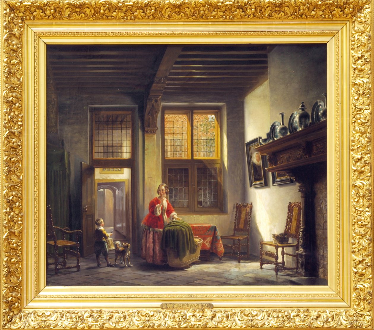Primo nome Interno con donna e bambino presso una scala da Lambertus Johannes Hansen