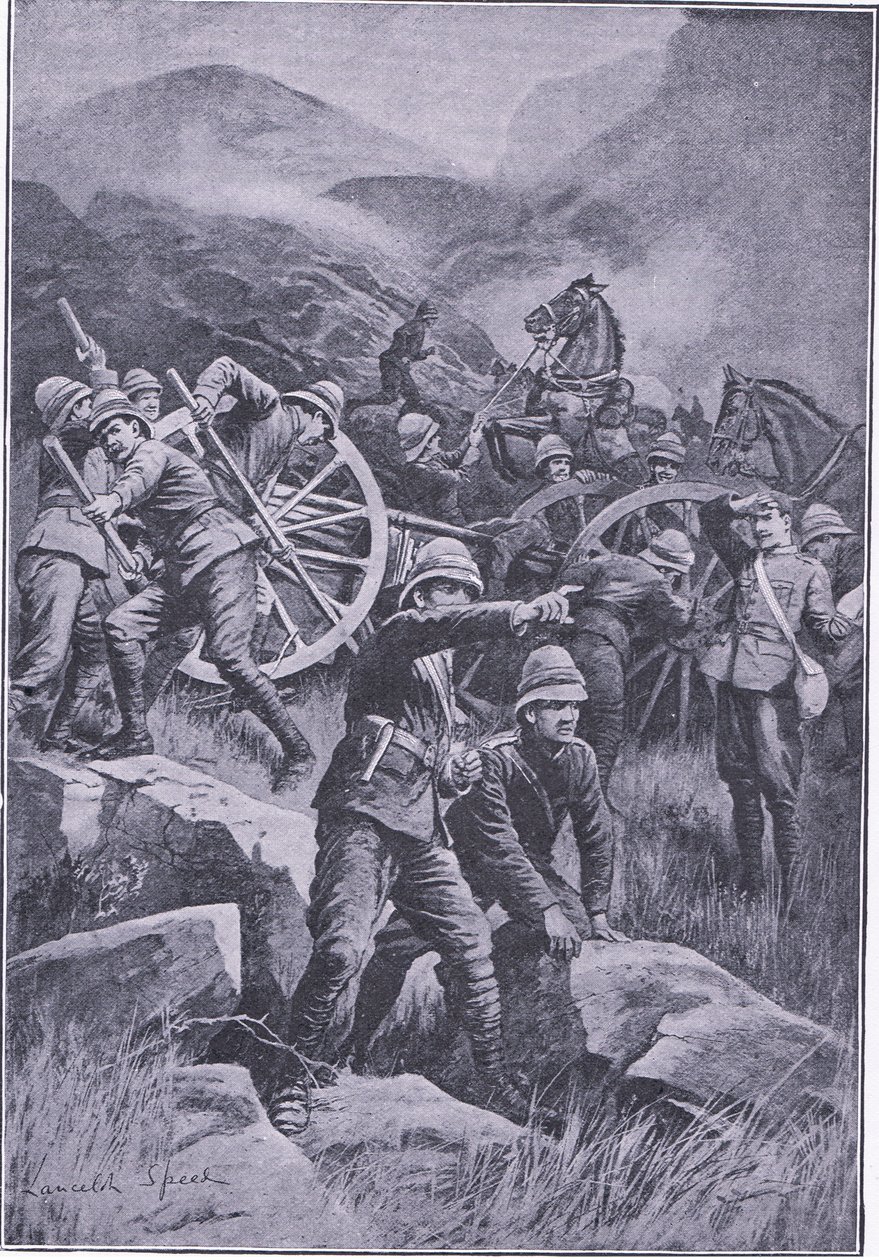 Un cannone rovesciato su una collina, da Dopo Pretoria: La guerra di guerriglia pubblicata da Harmsworth Bros Limited, 1901 da Lancelot Speed