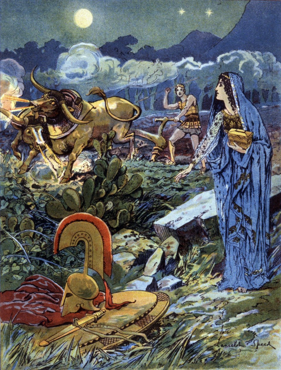 Giasone, aiutato da Medea, ara i campi di Marte, c. 1900 da Lancelot Speed