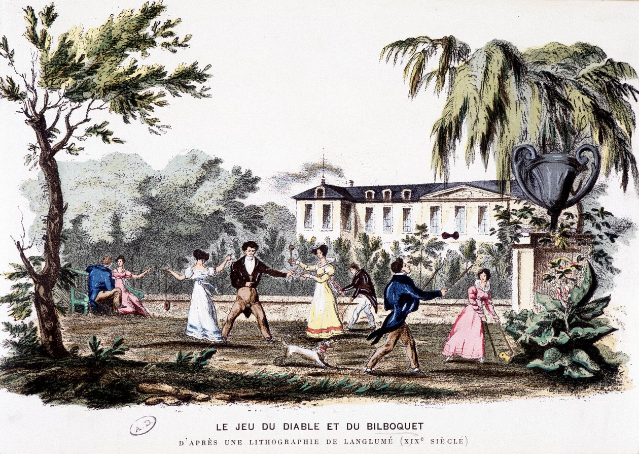 Giochi antichi: Il gioco del diavolo (diabolo) e il bilboquet, basato su una litografia di Langlumé da Langlume Langlume