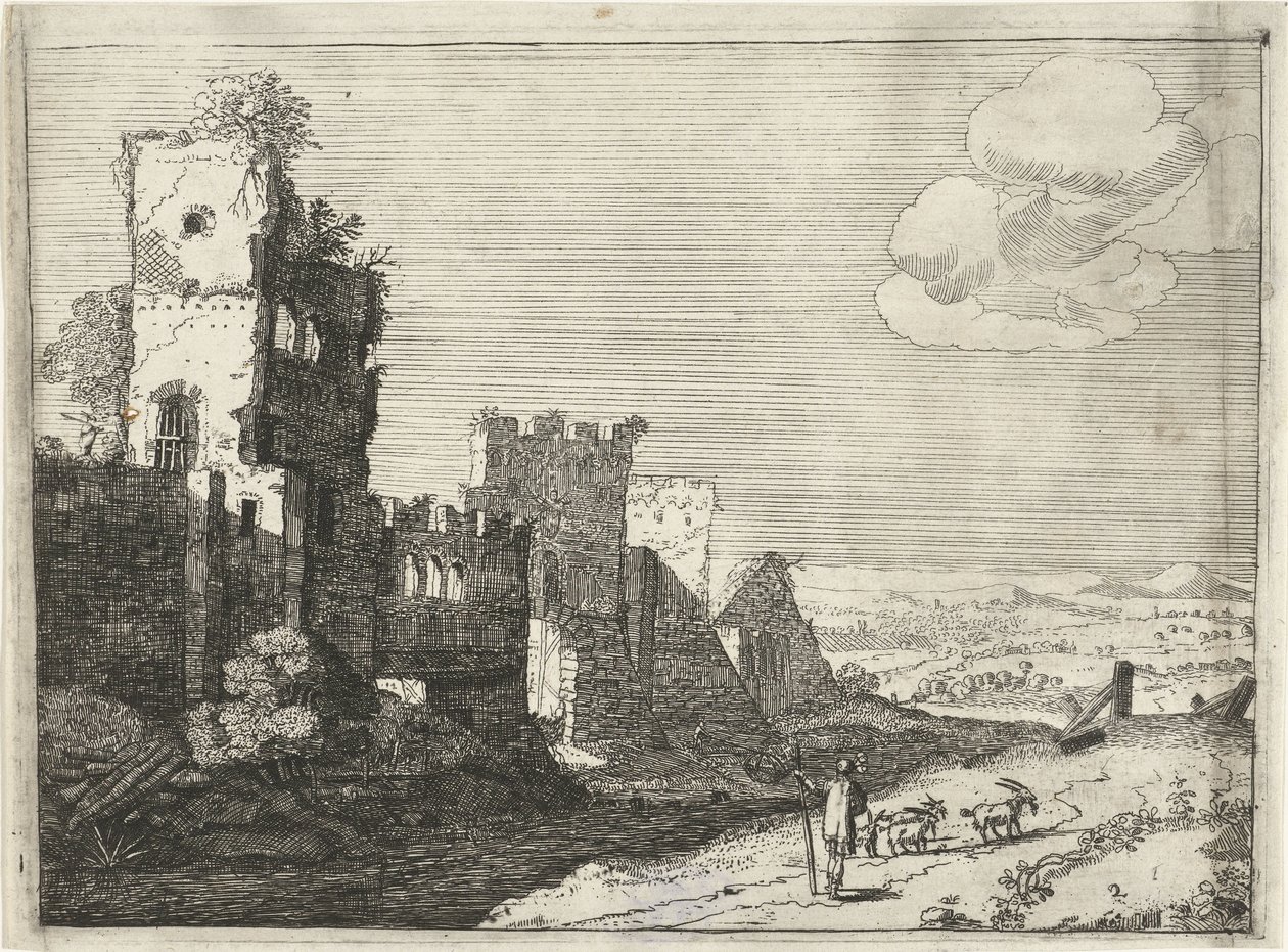 Pastore di capre presso un fossato di un castello da Laurens Barata