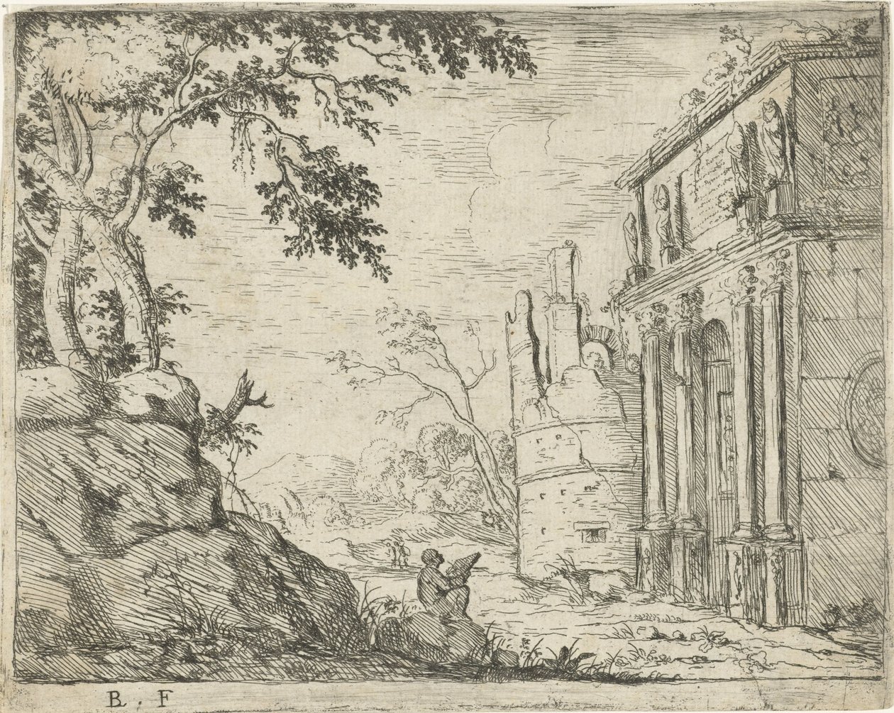 Disegnatore presso le rovine di un arco di trionfo (serie: Paesaggi italiani con rovine) da Laurens Barata