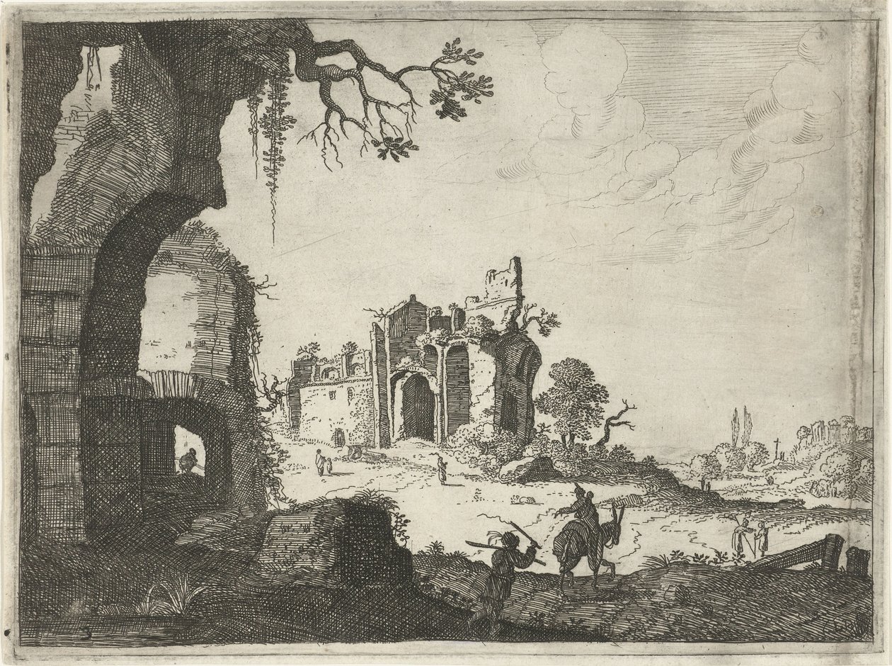 Due rovine in un paesaggio (serie Paesaggi con edifici romani antichi) da Laurens Barata