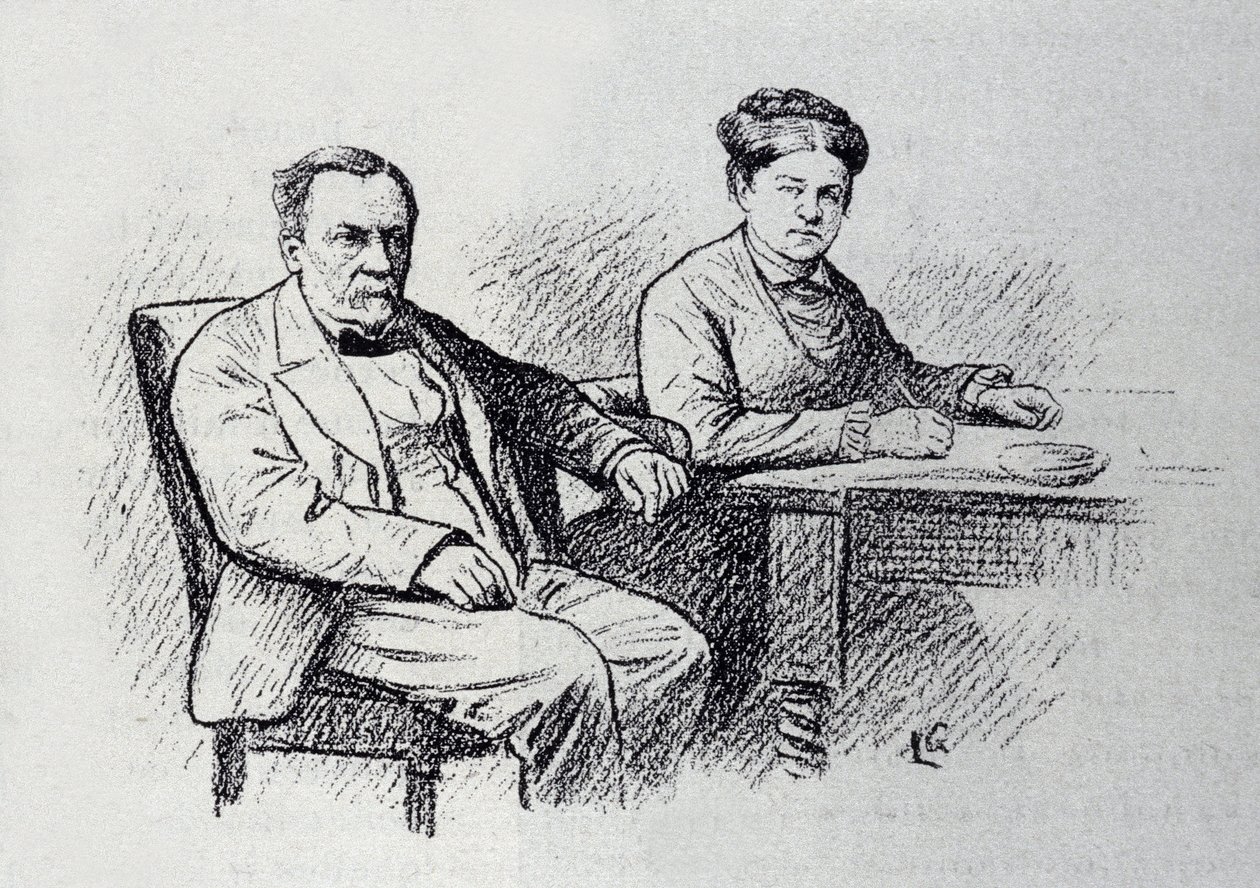 Ritratto di Louis Pasteur (1822-1895), chimico e fisico francese che detta una relazione a sua moglie Marie Laurent. Schizzo di Lucien Laurent-Gsell (Laurent Gsell) (1860-1944) da Laurent Lucien Gsell
