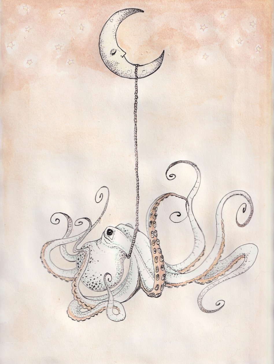 Polpo della buonanotte, 2025 (acquerello e inchiostro su carta da acquerello) da Laurie Michaels