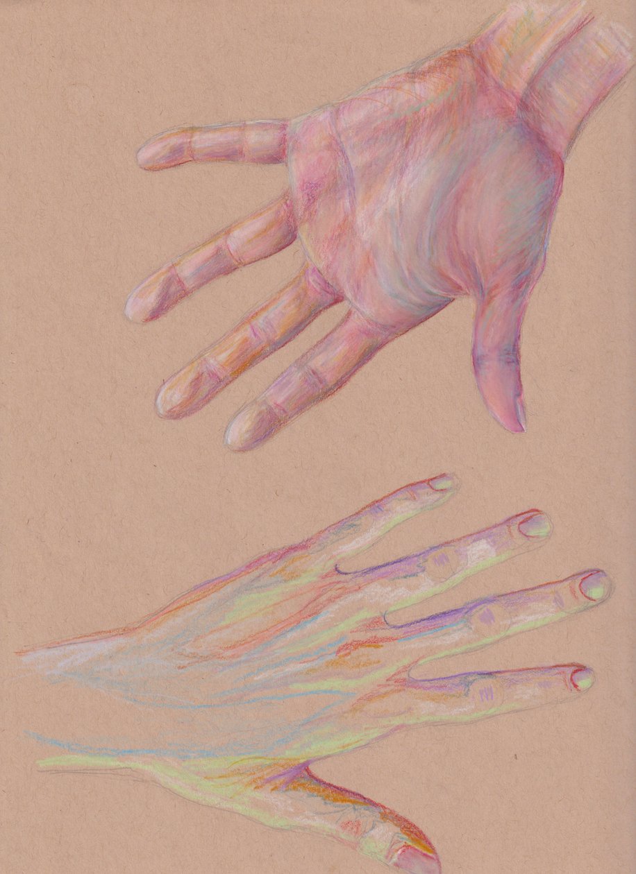 Mani #2, 2025 (matita colorata su carta tonica) da Laurie Michaels