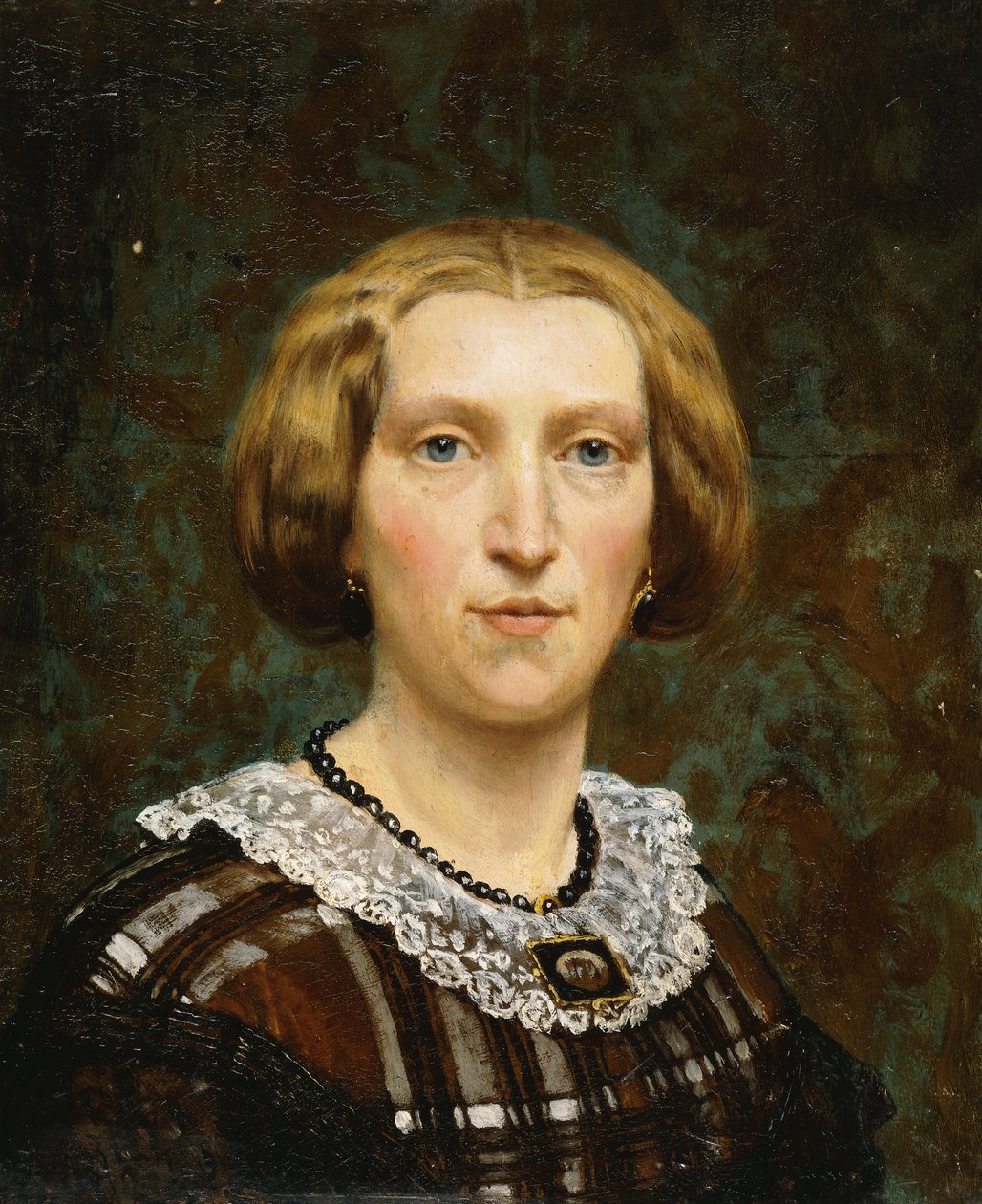 Ritratto di Sientje Tadema, piccolo busto, in abito marrone e bianco e scialle nero da Lawrence Alma Tadema