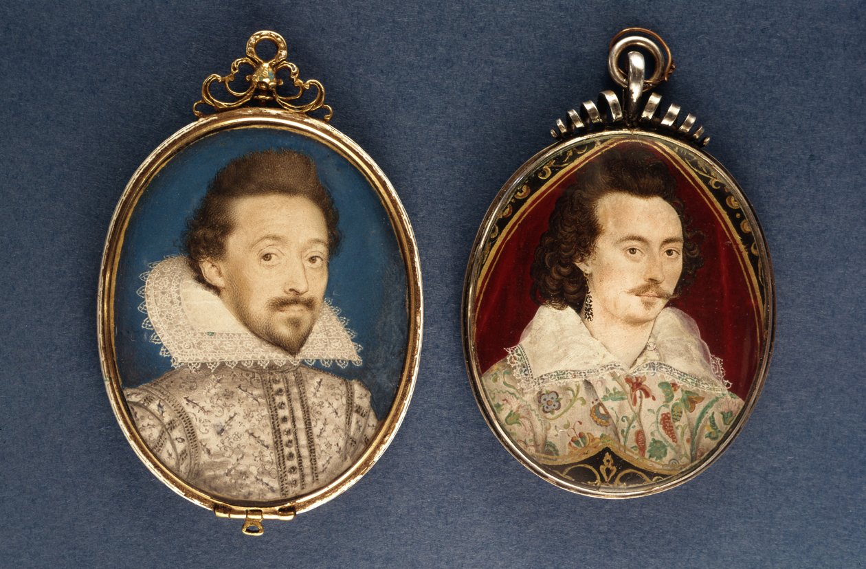 A sinistra: Ritratto di un giovane uomo di Lawrence Hilliard. A destra: Ritratto di un giovane uomo di Nicholas Hilliard da Lawrence Hilliard