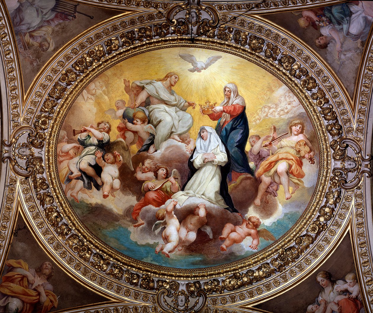 La Santa Vergine che incorona Santa Rosa da Lima con Gesù e lo Spirito Santo (dipinto) da Lazzaro Baldi