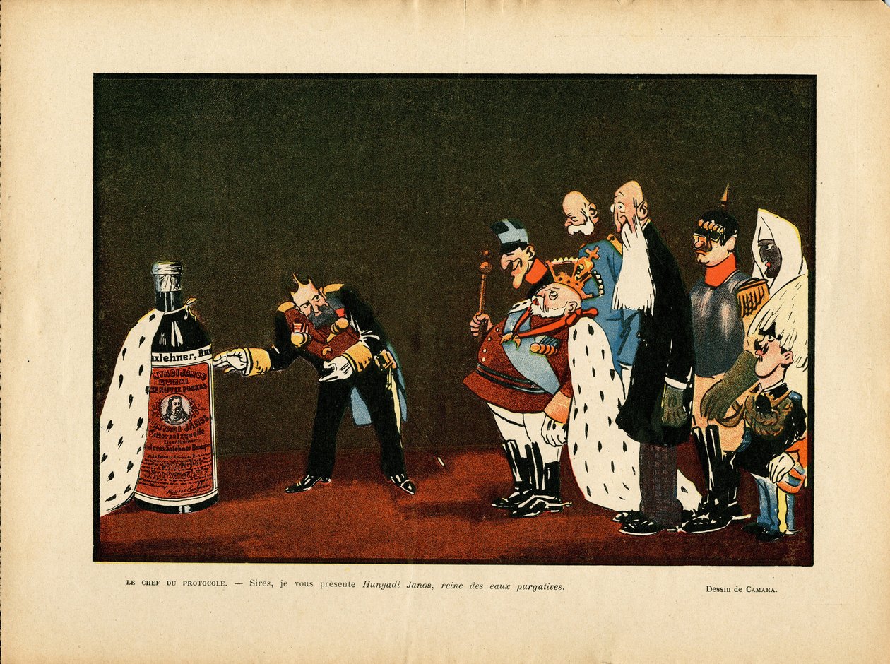 Illustrazione di Leal de Camara in Le Rire, 25/12/09 - Belgio, Europa, Portogallo, Austria, Alcol, Alcolismo, Protocollo - Guglielmo II, Leopoldo II, Edoardo VII, Alfonso XIII, Francesco Giuseppe I d