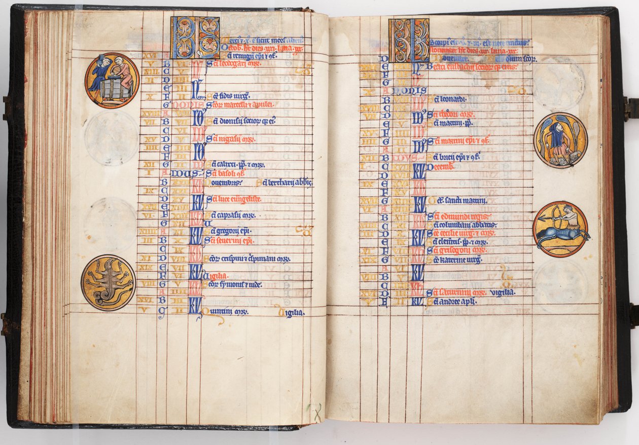 Salterio di Lewis, apertura che mostra le pagine del calendario per ottobre e novembre, c.1225-50 (tempera su pergamena) da Leber Group