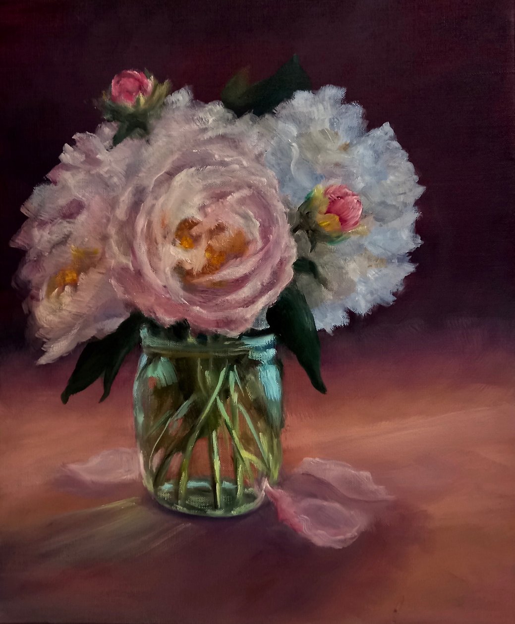 Peonie in vaso verde, 2024 (olio su tela) da Lee Campbell