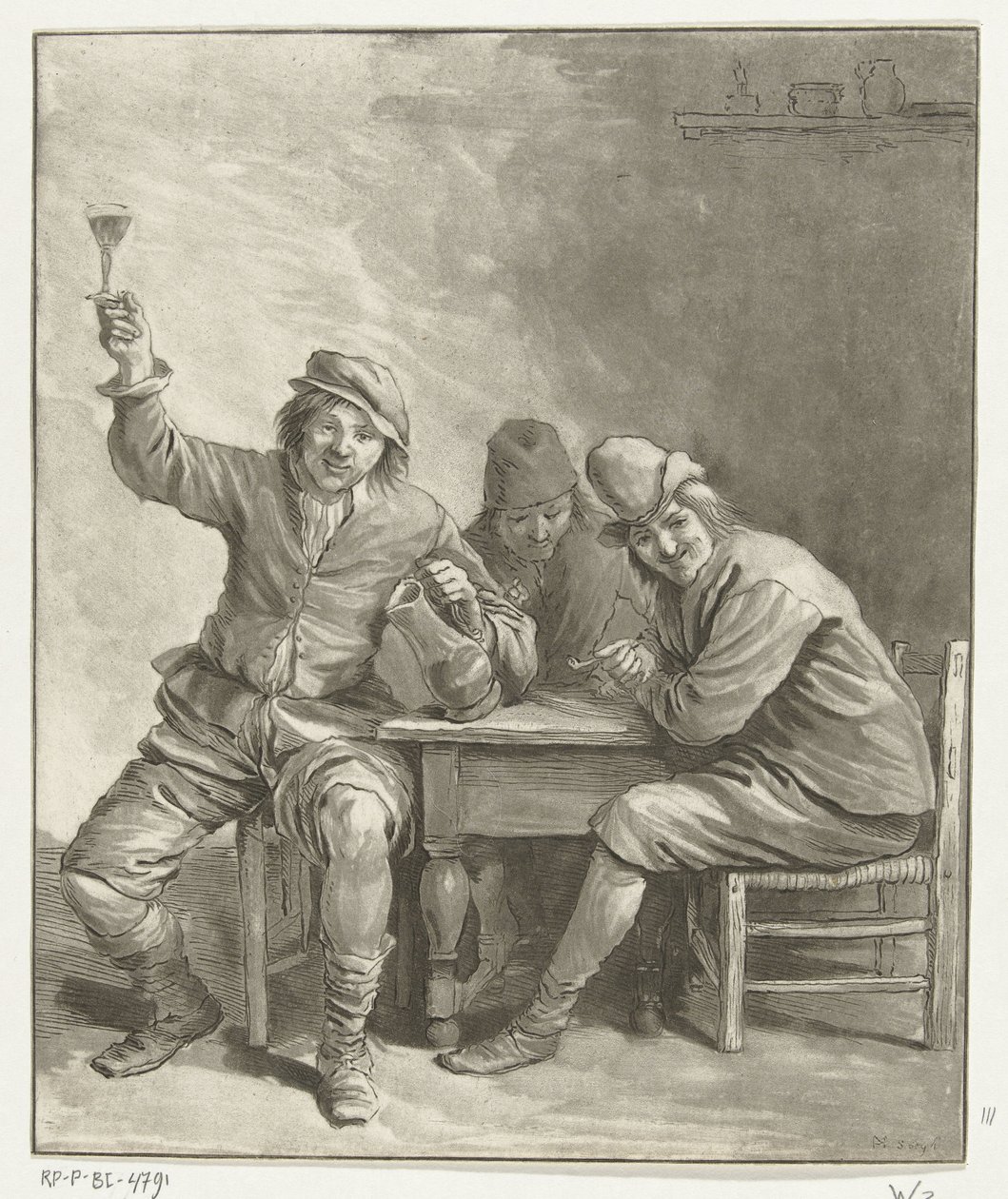 Tre uomini al tavolo che fumano e bevono da Leendert Brasser (signed by artist)